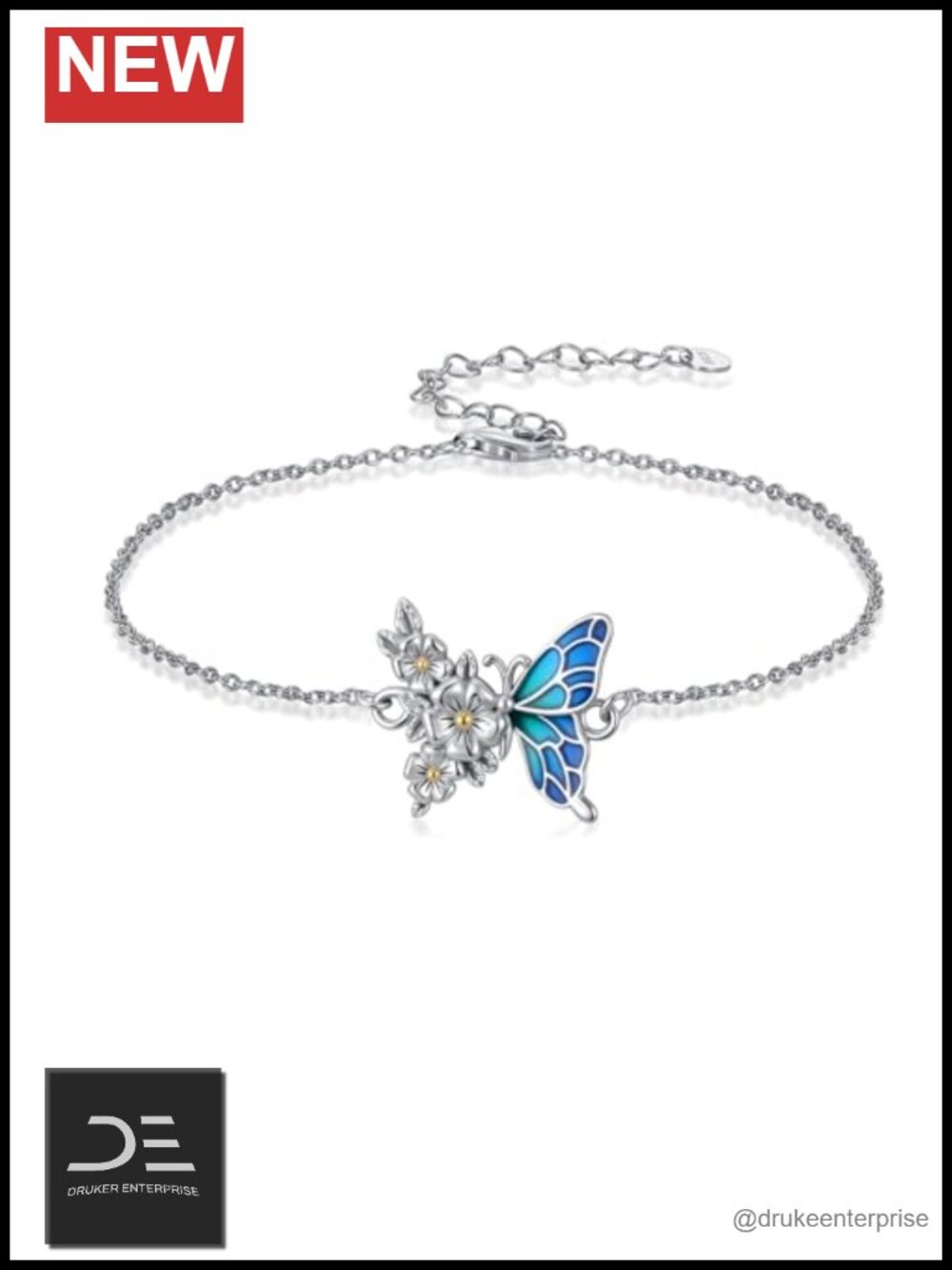 Sterling Silver Butterfly Daisy Flower Charm Bracelet for Women